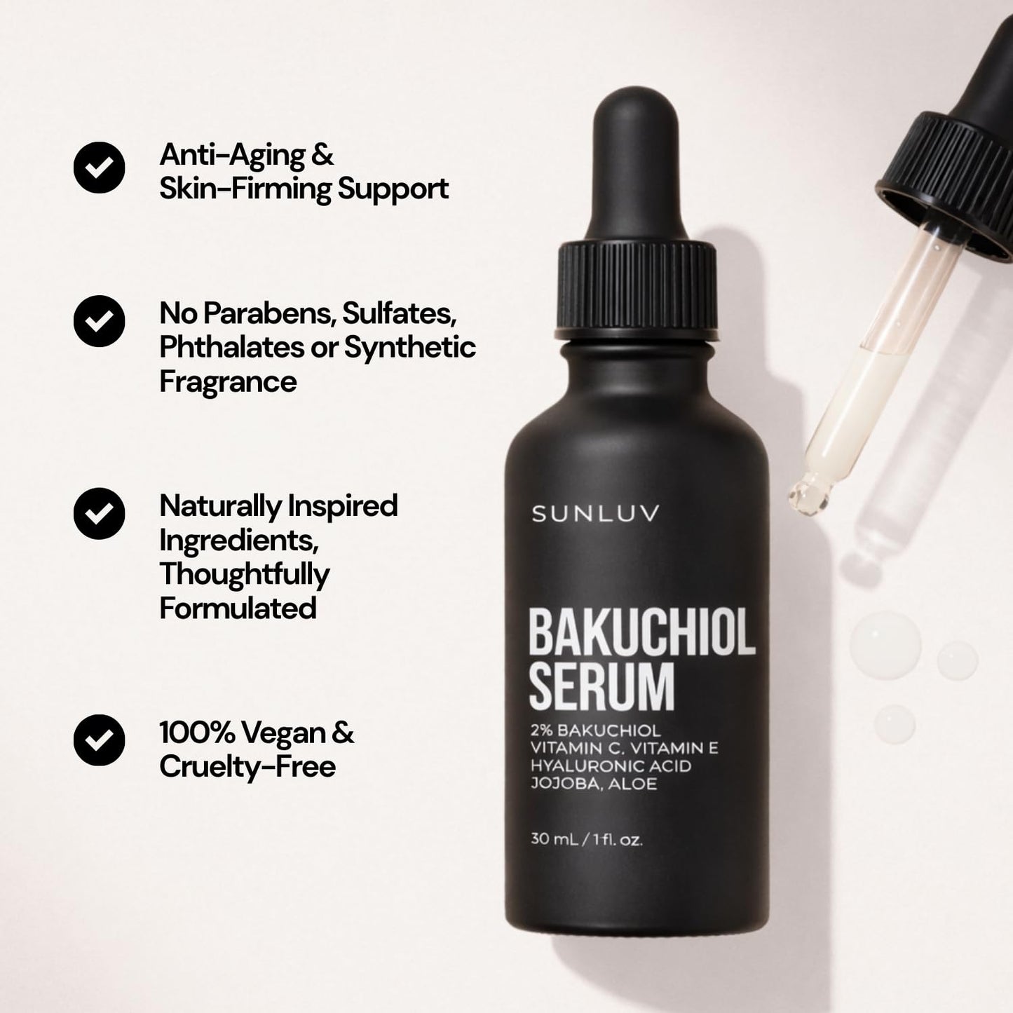 SUNLUV Bakuchiol Serum for Face - 2% Retinol Alternative with Hyaluronic Acid & Vitamin C | Anti-Aging & Hydrating - 1 oz