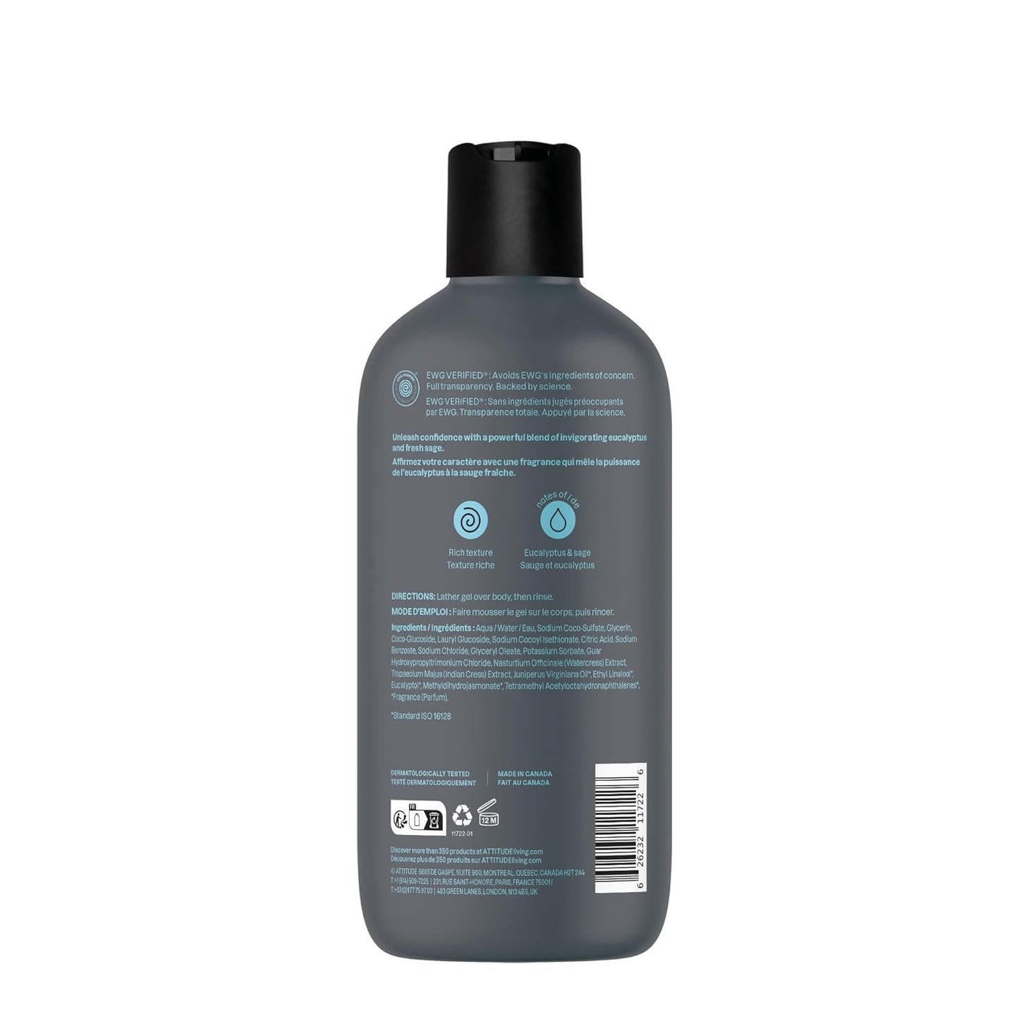 ATTITUDE Shower Gel for Men - Eucalyptus & Sage, 98% Natural Ingredients, Paraben Free | 14 Fl Oz