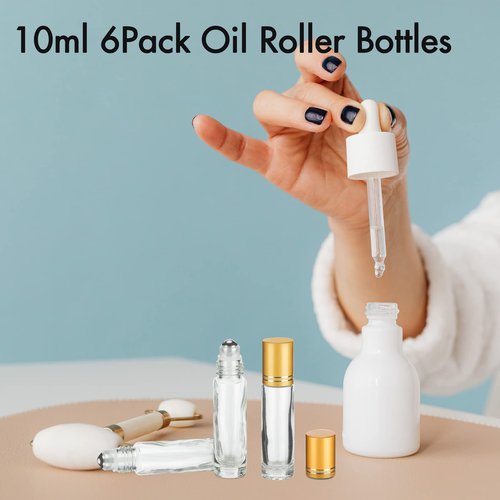 6 Pack Essential Oil Roller Bottles - 10ml Clear Glass with Stainless Steel Roller Balls, Includes Labels, Openers, Funnels, Dropper