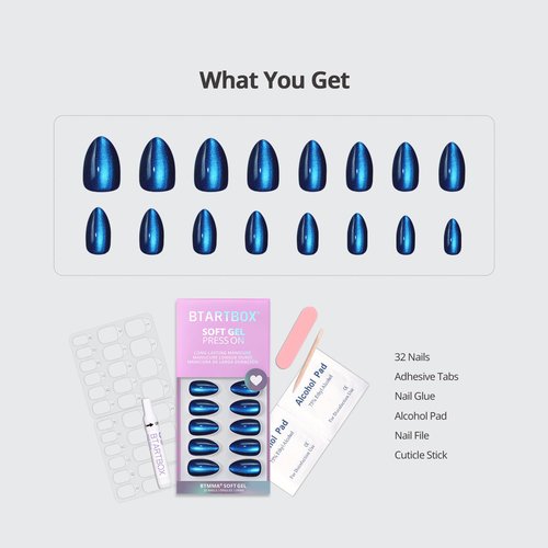 BTArtbox Press On Nails Almond - Forstbite Spell, Deep Blue Cat Eye Short Press On Nails with Glue for Women, Glossy Soft Gel Glue On Nails in 16 Sizes - 32 Stick On Nails Kit
