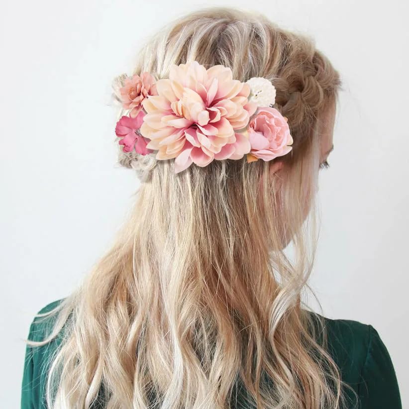 TUCEWP Hair Clip for Women, 5Pcs Pink Flowers for Hair - Tropical Flower Hairpin, Hibiscus Hair Clip, Large Rose Hair Barrettes, Chiffon Flower Hair Accessories for Beach Party, Bridal Wedding Decor