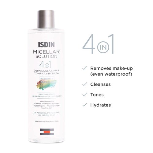 ISDIN Micellar 4-in-1 Facial Cleansing Water Solution - Hydrating and Cleansing Toner and Makeup Remover for Sensitive Skin, 13.5 FL OZ
