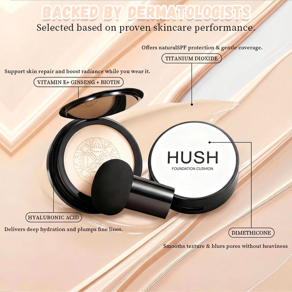 Hush Foundation for Mature Skin – Warm Tone CC Air Cushion Foundation, Full Coverage Long-Lasting BB Cream with Mushroom Applicator, Natural Radiant Finish