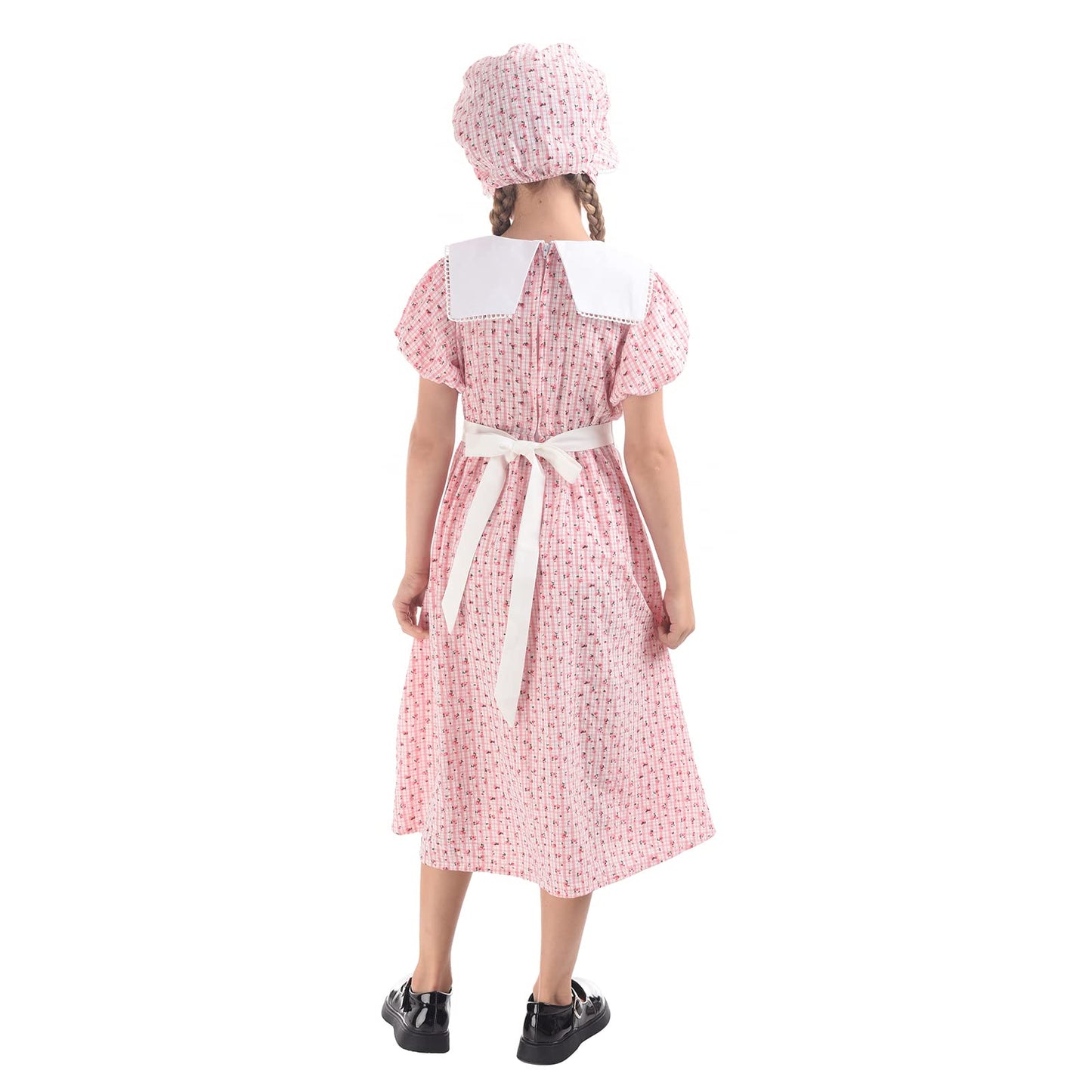 LTAKK Prairie Dresses Girls Pioneer Colonial Costume Girl Pilgrim Dress with Apron and Bonnet, Pink Plaid Floral, Large