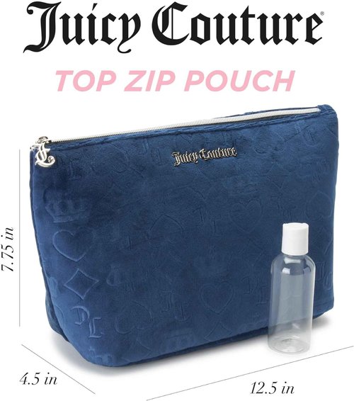 Juicy Couture Makeup Bag - Blue Velour Cosmetics Organizer with Heart Crown Design | Travel Essentials
