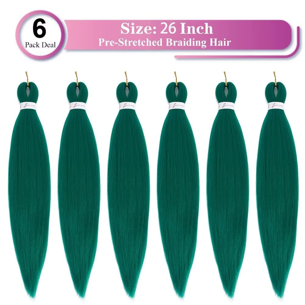 Green Braiding Hair Pre Stretched Green EZ Braiding Hair 6 Packs/Lot 26 Inches Yaki Texture Braiding Hair Hot Water Setting Synthetic Fiber for Crochet Hair Extensions (#Green)