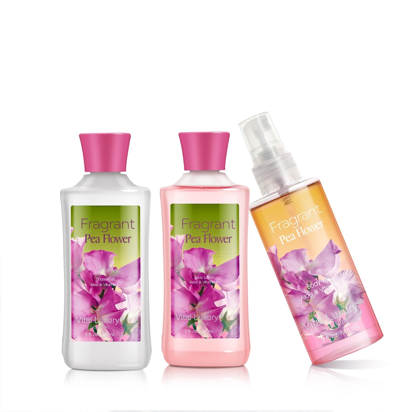 Vital Luxury Bath & Body Care Travel Set Pea Flower Scent Home Spa Set with Body Lotion, Shower Gel and Fragrance Mist