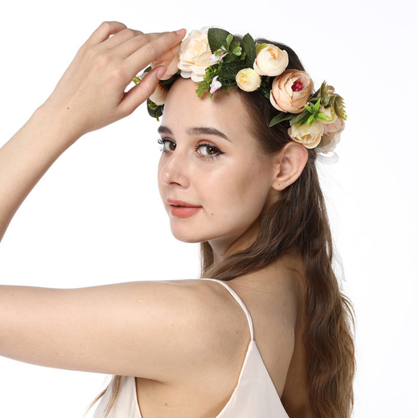 YnimioAOX Handmade Adjustable Flower Wreath Headband Halo Floral Crown Garland Headpiece,N5-champagne