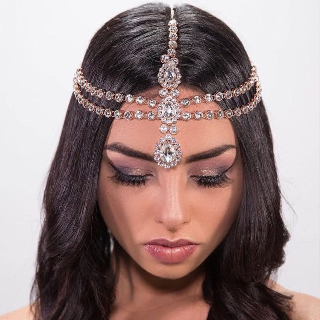 Fdesigner Wedding Crystal Head Chain Silver Boho Bride Headpiece Rhinestone Flower Hair Jewelry Halloween Women Hair Accessories (Silver-Unique)