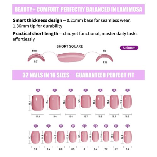 LAMIMOSA 32Pcs Chrome Press On Nails Short Square - Soft Gel Fake Nails in 16 Sizes, Reusable Glue on Nails kit, RAINBOW