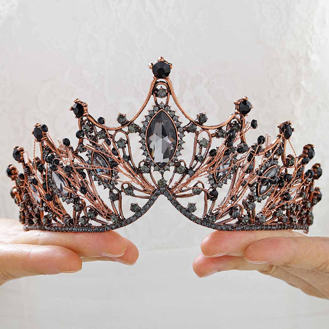 Obmyec Baroque Tiaras Black Crown Earring Crystal Head Crown Rhinestone Prom Princess Crowns Gift Party Sparkly Hair Accessories for Women