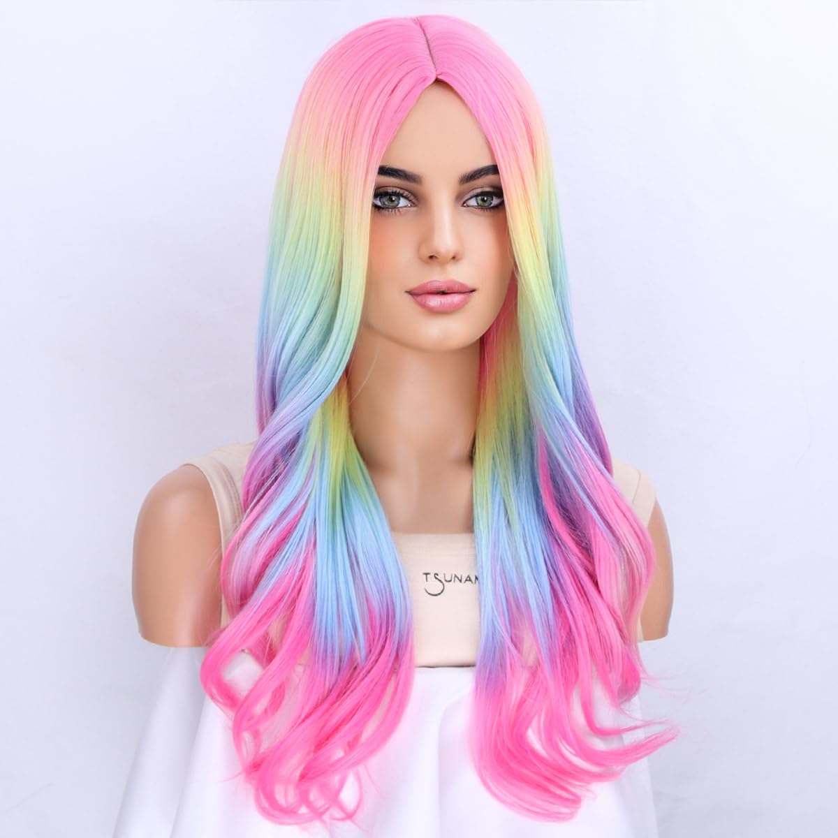 MAGQOO Rainbow Wig for Women Colorful Multicolor Wig Long Curly Wavy Wig Synthetic Halloween Cosplay Party Wig(Ombre Rainbow)