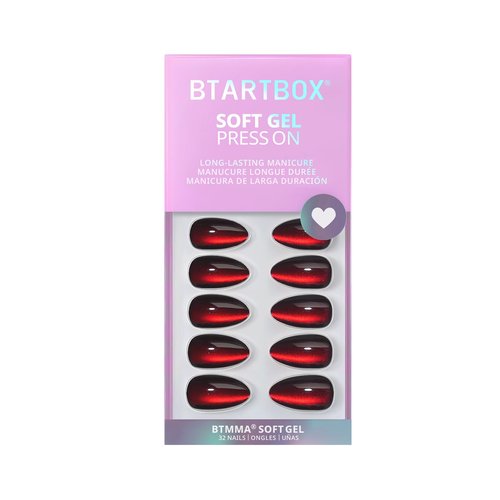 BTArtbox Press On Nails Short - Deep Red Cat Eye Almond Press On Nails with Glue for Women, Glossy Glue On Nails in 16 Sizes - 32 Stick On Nails Kit