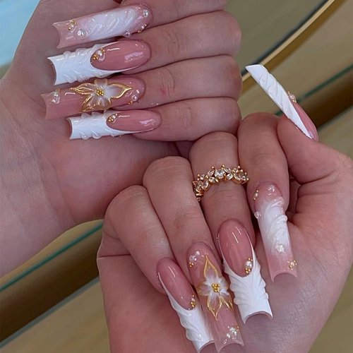 plalely Long Square Press on Nails, Gold Embossed Flowers Acrylic Press on Nails with Cute Pearl Charms Designs，Long Press on Nail for Women 24pcs