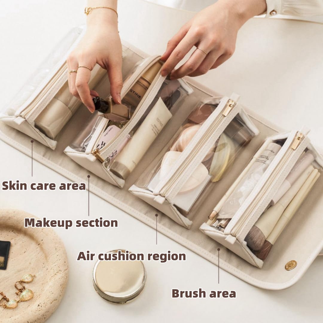 LuyaVogue Portable 4-in-1 Foldable Cosmetic Bag - Large Capacity, Waterproof Travel Makeup Organizer with Detachable Design (White)