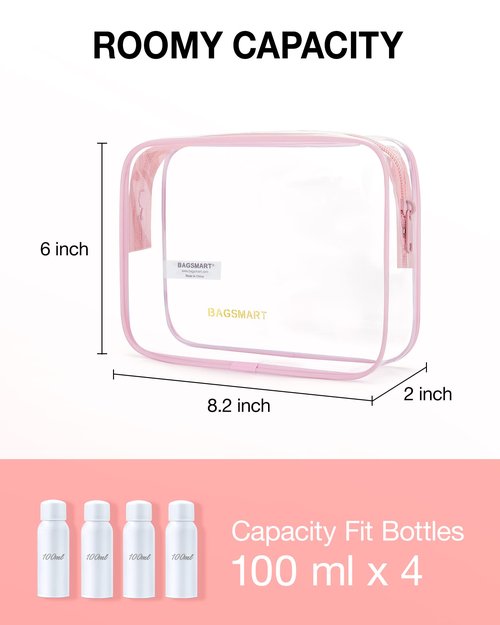 BAGSMART Clear Toiletry Bag, 3 Packs TSA Approved Water-resistant Quart Size Travel Organizer, Airport Airline Travel Essential Carry-On Makeup Cosmetic Bags for Women, Pink