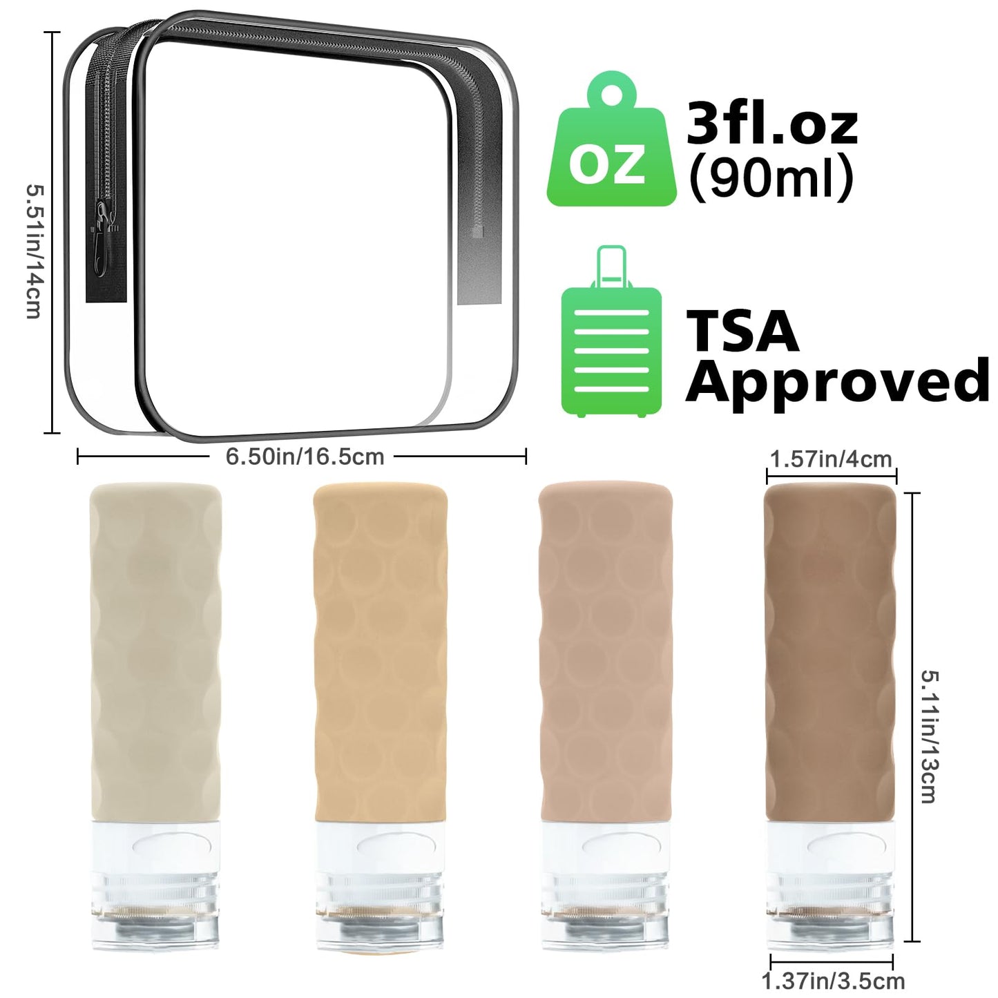 Silevoler Travel Bottles for Toiletries, 4pcs Tsa Approved 3oz Travel Size Containers, BPA Free Leak Proof Premium Silicone Bottles, Refillable Liquid Squeezable Accessories W/Toiletry Bag(Cream)