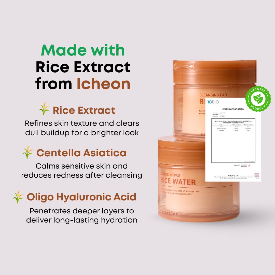 Skiennix Rice Water Cleansing Pads - Exfoliating Makeup Remover & Toner with Centella Asiatica | 50 Pads
