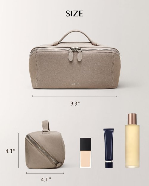 EACHY Leather Makeup Bag, Portable 180° Wide-Open Flat Cosmetic Bag for Women, Large Capacity Make Up Organizer Makeup Pouch with Divider and Handle