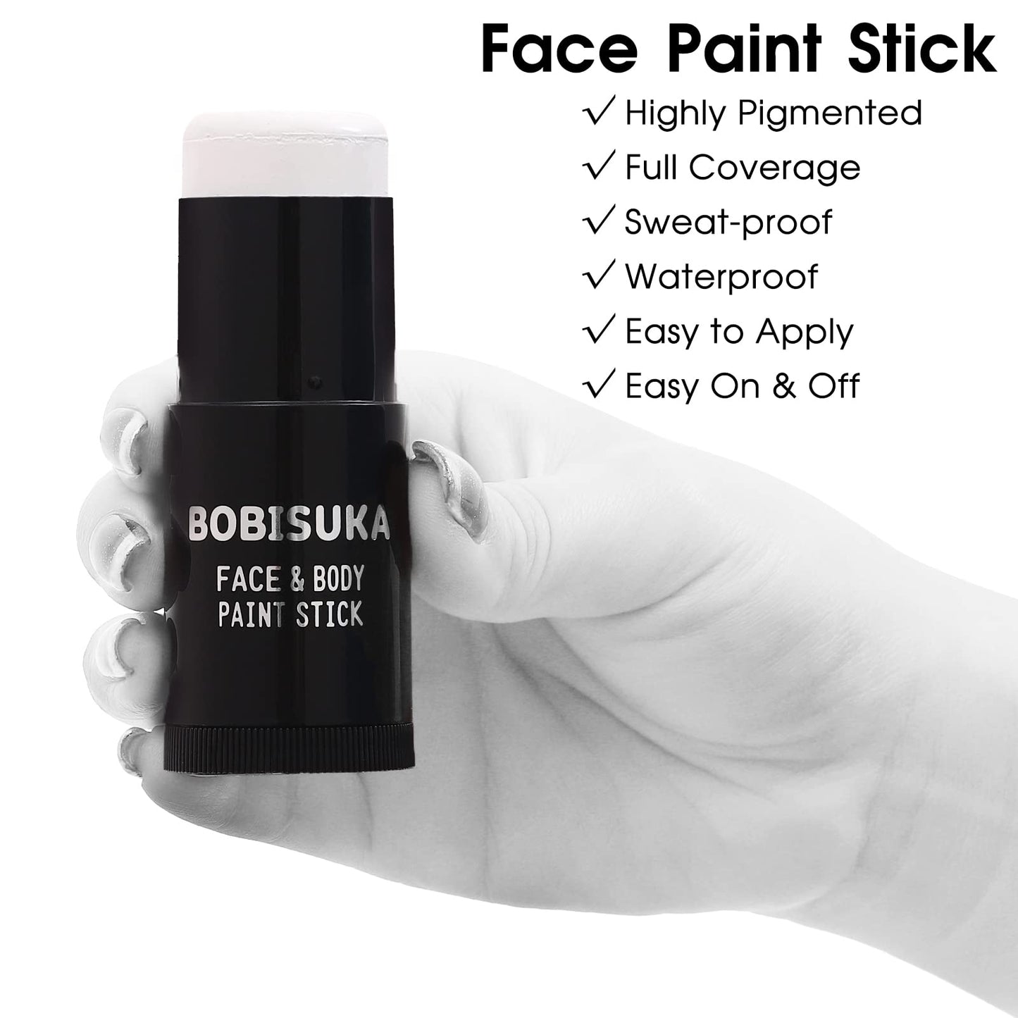 BOBISUKA Face Body White Paint Stick, Clown Makeup Eye Black Sticks for Sports, White Foundation Face Painting Kit for Halloween Skeleton Vampire Mime Skull Joker Special Effects Cosplay SFX Costume