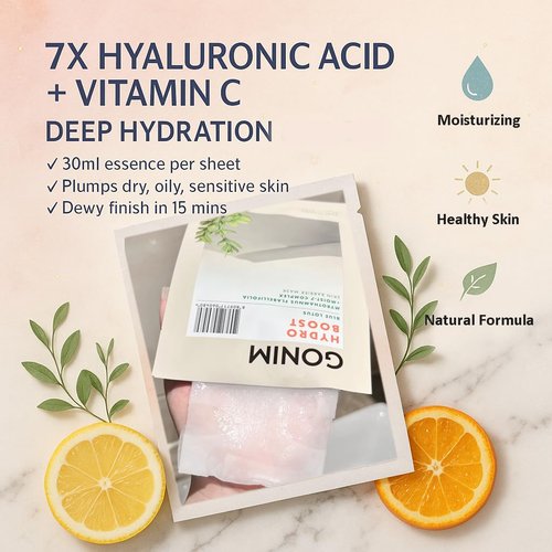 GONIM Hydrating Face Mask - Korean Skin Care with Hyaluronic Acid & Vitamin C | 15 Pack, Anti-Aging Moisturizer