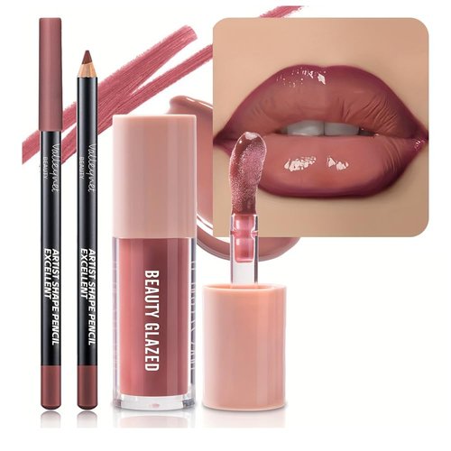 Beauty Glazed Lip Gloss & Lip Liner Set - Rosewood Nude | Achieve Fuller, High-Shine Lips