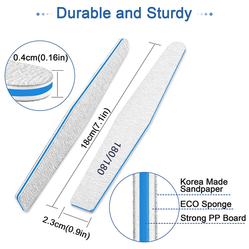 Skiennix Nail Files - 12pcs Double-Sided Emery Boards for Acrylic Nails | 180/180 Grit, Washable Manicure Tools