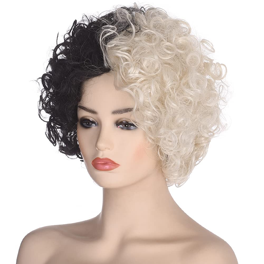 AMZCOS Black and Blonde Wig for Womens Cosplay Costume Short Curly Fluffy Synthetic Wigs for Halloween Party