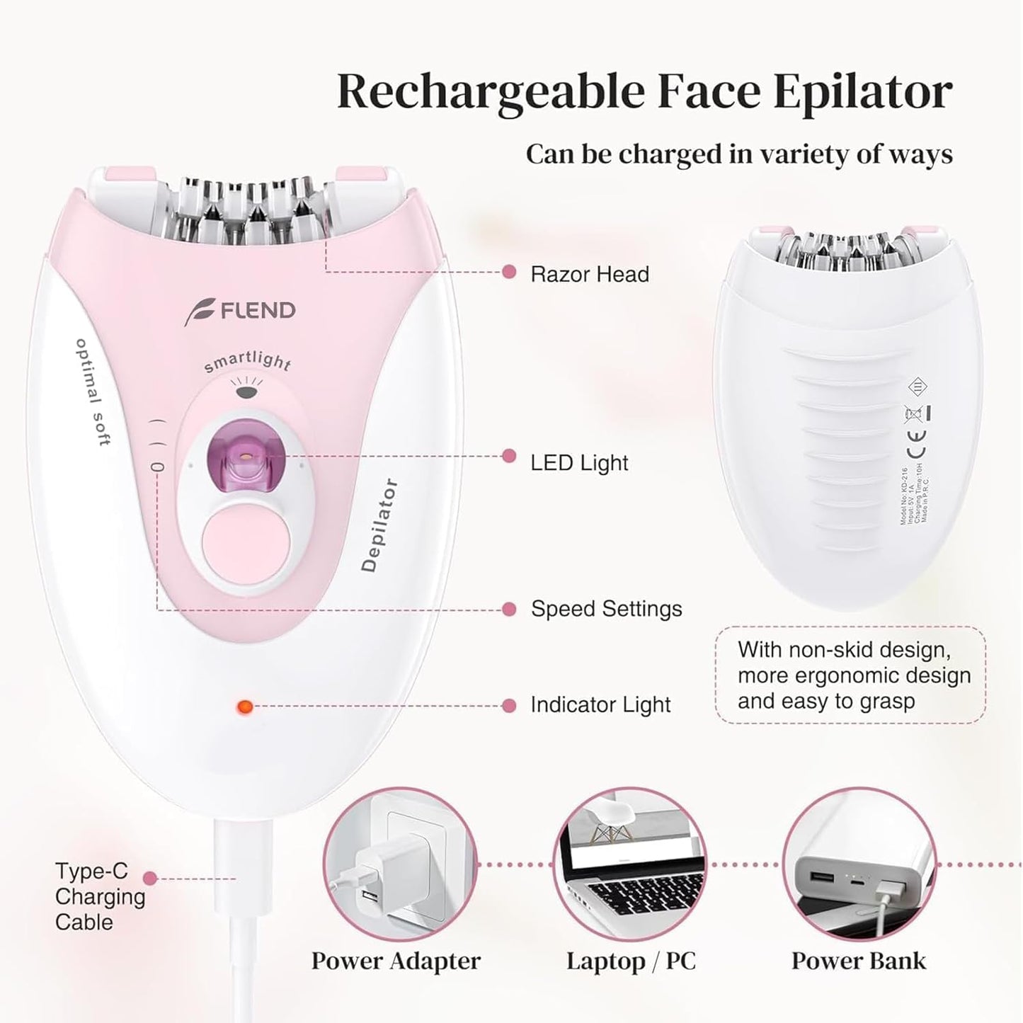Skiennix Epilator - 2-Speed Hair Removal Device with Massage Pad | Rechargeable LED for Face, Bikini, Arms, Legs