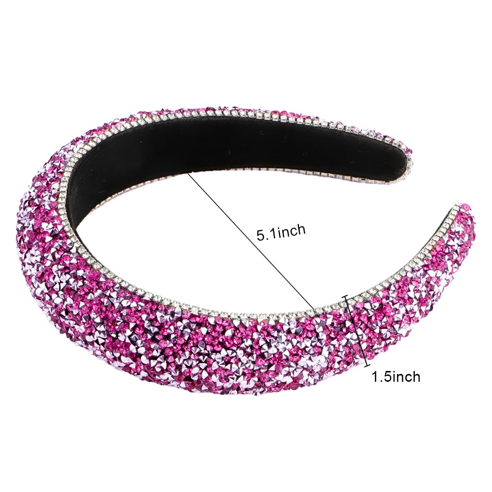 FASOTY Rhinestone Headband Women Fashion Handmade Hot Pink Headband Crystal Diamond Bling Headbands Hair Hoops Padded Headband Glitter Beaded Jeweled Hairband Sparkle Hair Accessories