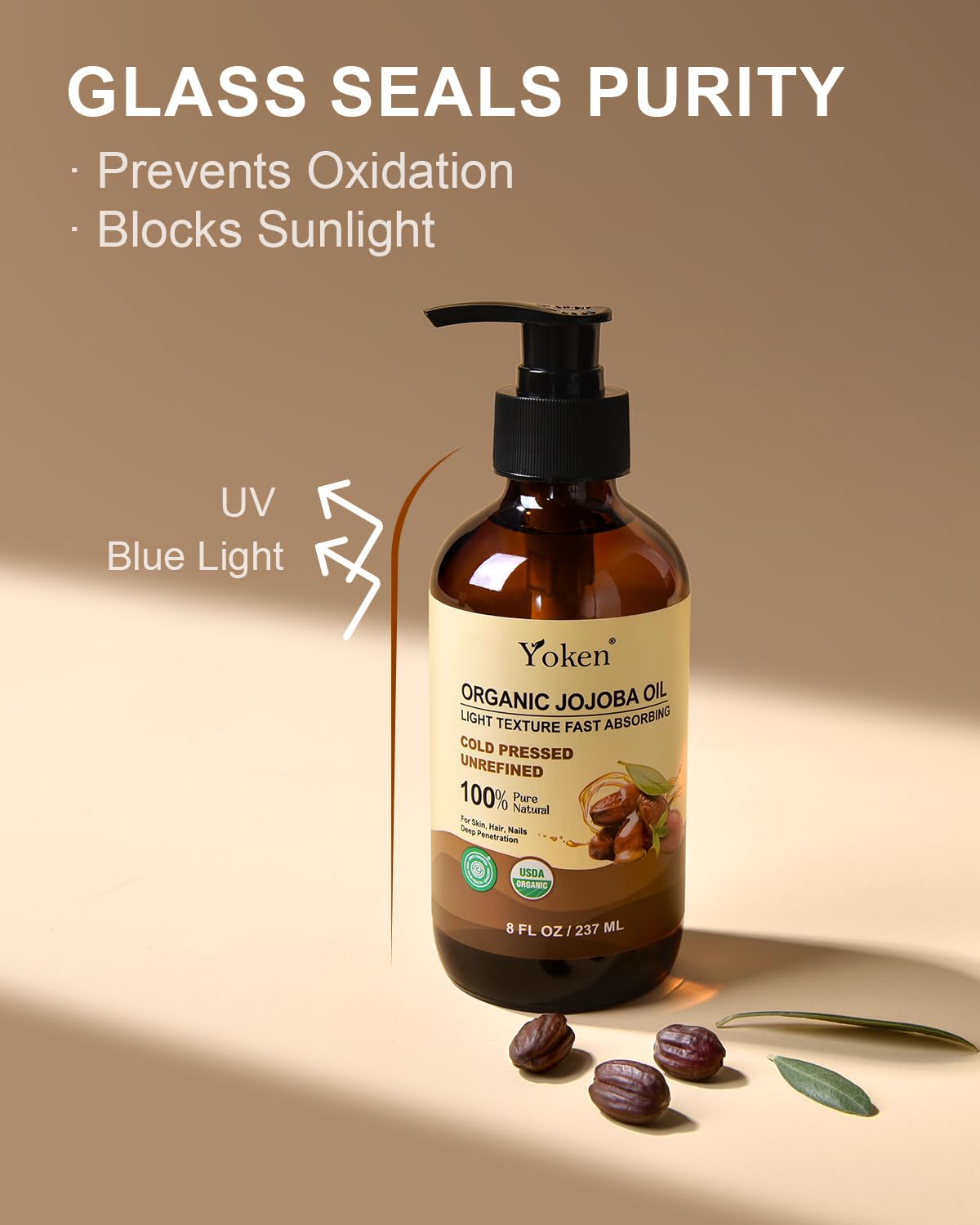 Yoken Organic Jojoba Oil - 100% Pure & Natural Cold Pressed Serum | 8 fl oz Glass Bottle for Hair, Skin & Face