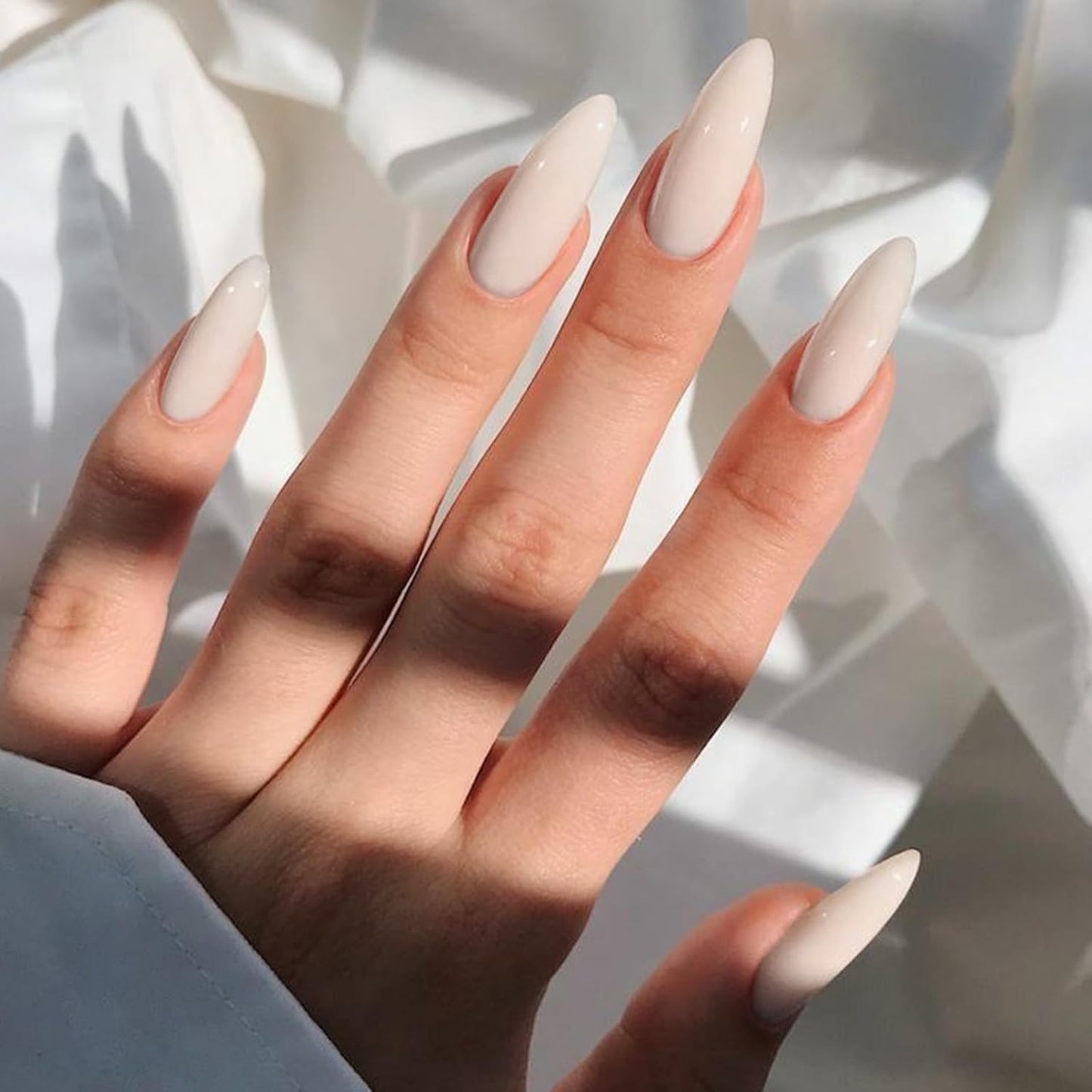 Skiennix Cream White Press-On Nails - Medium Almond Glossy Acrylic Fake Nails for Women