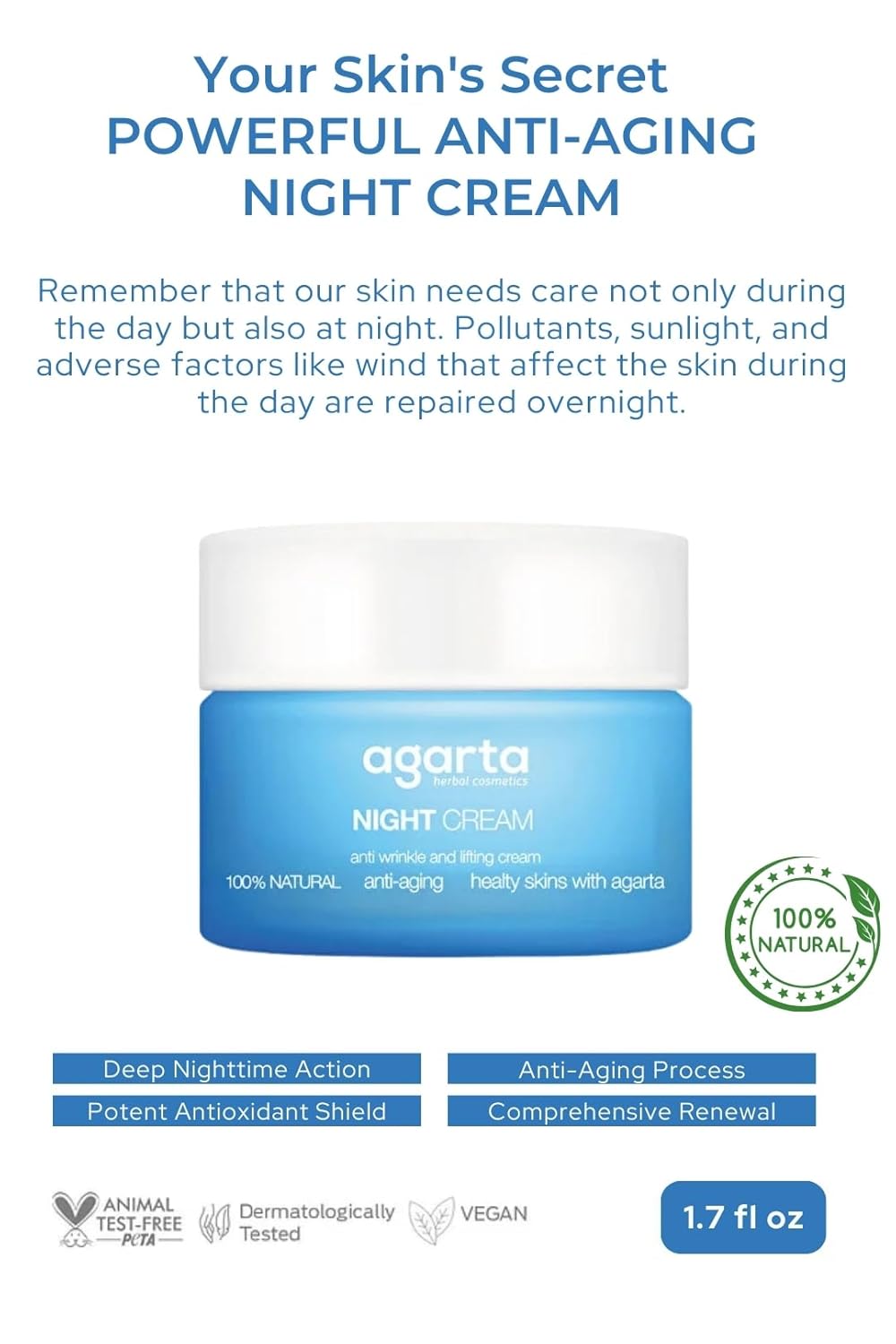 Agarta Night Face Cream - Hydrating & Smoothing Overnight Moisturizer for Radiant Skin | Vegan Formula - 1.7 fl oz