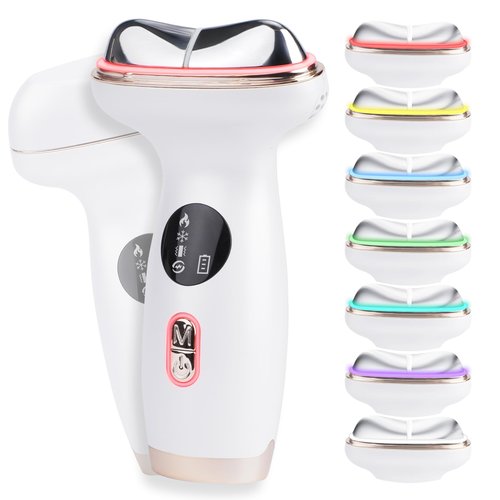 Microcurrent Facial Device with Red Light Therapy - 7-in-1 LED Sculptor & Cold Heated Gua Sha for Face Neck Eye Firming, Depuffing & Double Chin Reduction