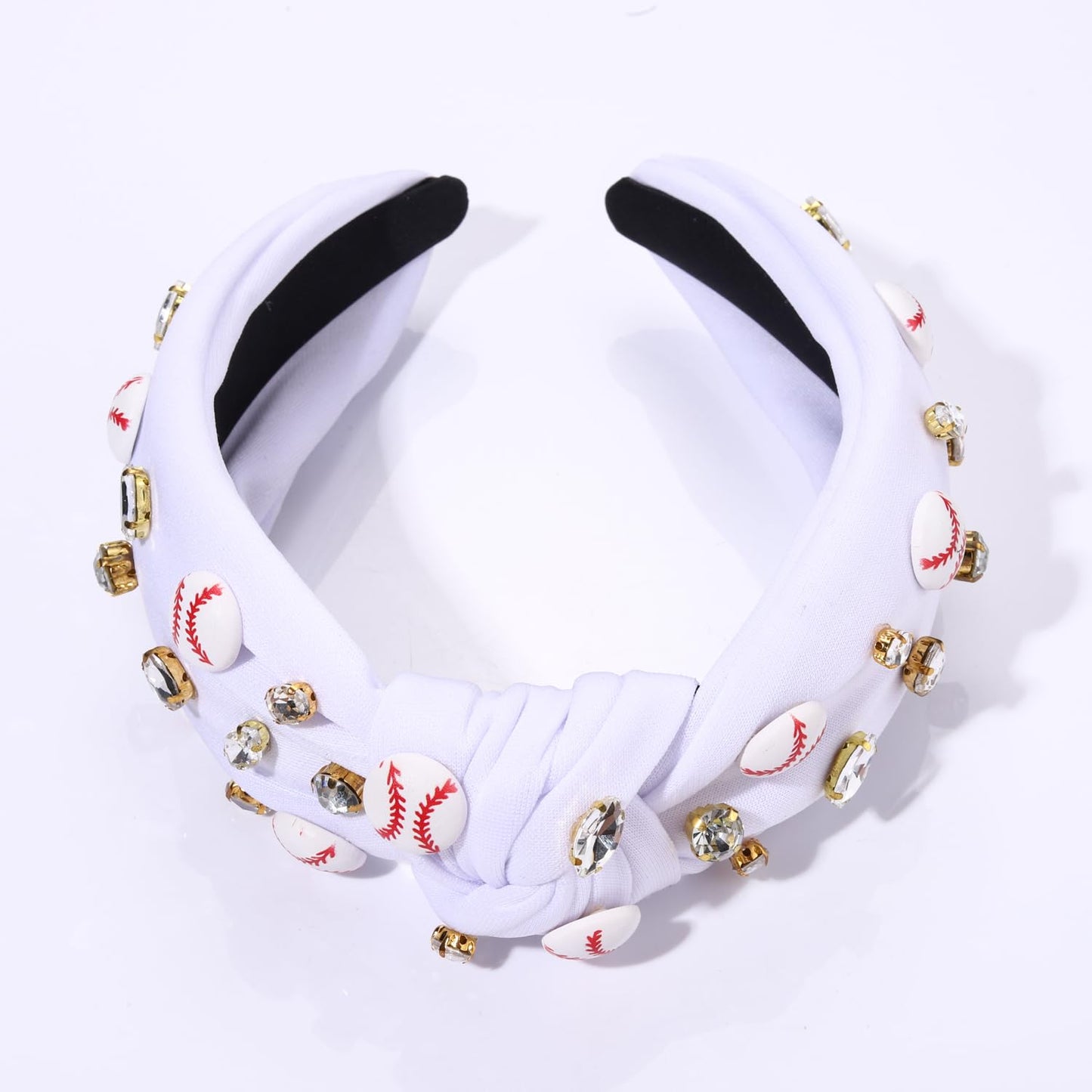 boderier Baseball Headband Hair Accessories Crystal Baseball Embellished Wide Knotted Headband for Women Game Day Accessories Gifts (White)