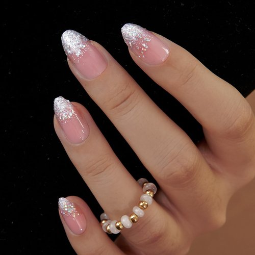 Curvlife Press On Nails Medium Almond Apricot - 30pcs Handmade Glitter Press on Nails with Glue, Glossy Nude Pink Apricot Full Cover Fake Nails Long Lasting False Nail Tips for Women