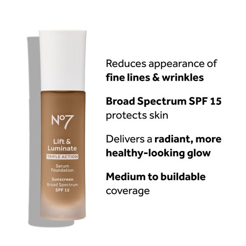 No7 Lift & Luminate Serum Foundation - SPF 15 Liquid Makeup for Dewy Glow - Radiant Formula for Mature Skin - Porcelain (30ml)