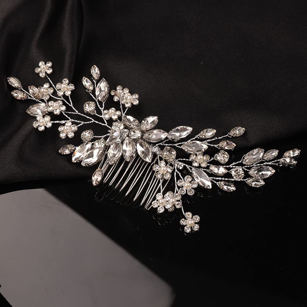 Teyglen Rhinestone Flower Bride Wedding Hair Comb Headband Crystal Hair Pieces Headpieces with Rhinestones Hair Accessories Handmade Bridal Side Hair Combs for Women Bride Girls (Silver)