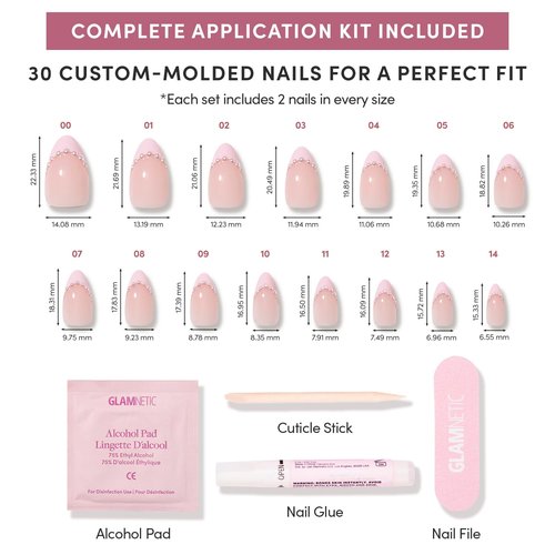 Glamnetic Press On Nails - Pink Me Up Spring Nails | Short Almond Fake Nails in Pastel Pink French Tips with 3D Pearls in a Glossy Finish, Salon Quality Nails | 15 Sizes - 30 Nail Kit with Glue