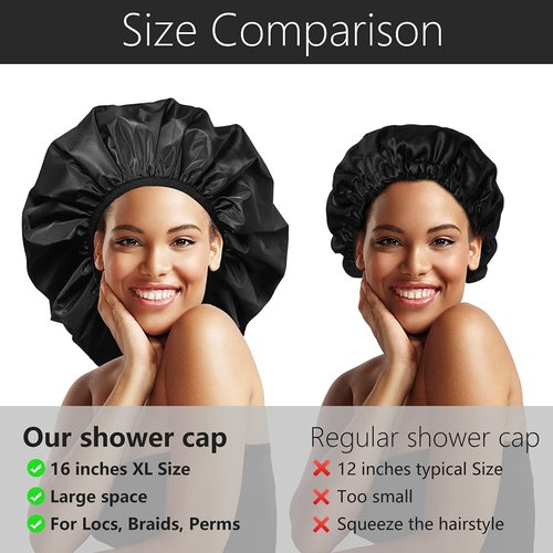 Auban Extra Large Shower Cap - Double-Layer Waterproof Bonnet for Thick, Long Hair | Black Satin Lining