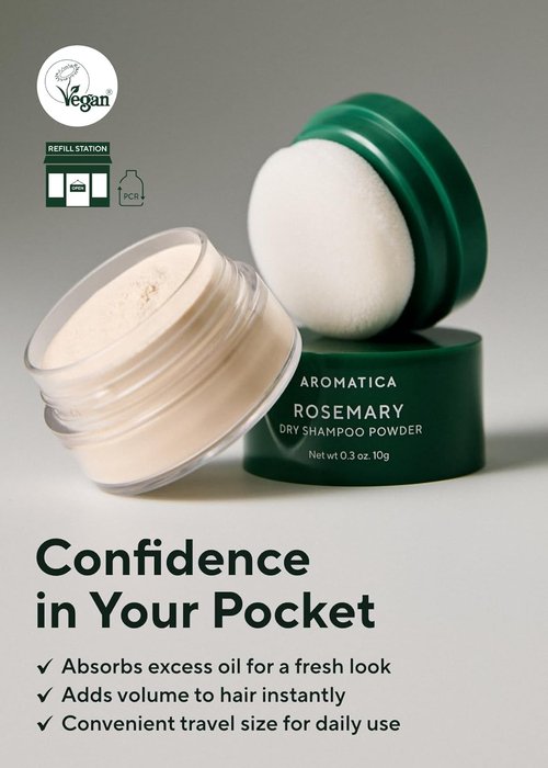AROMATICA Rosemary Dry Shampoo Powder - Travel Size (10g) | Root Lifting & Volumizing, Talc-Free Hair Care