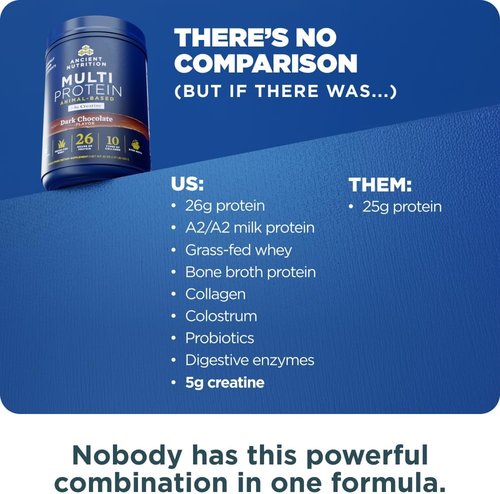 Ancient Nutrition Multi Protein Powder - 26g Protein, Grass Fed Whey & Creatine, Dark Chocolate, 15 Servings