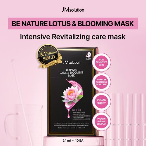 JMsolution Be Nature Lotus & Blooming Mask - Vegan Radiance Boosting Face Mask (10 Sheets) | 48% Hydration Increase with Lotus Extract