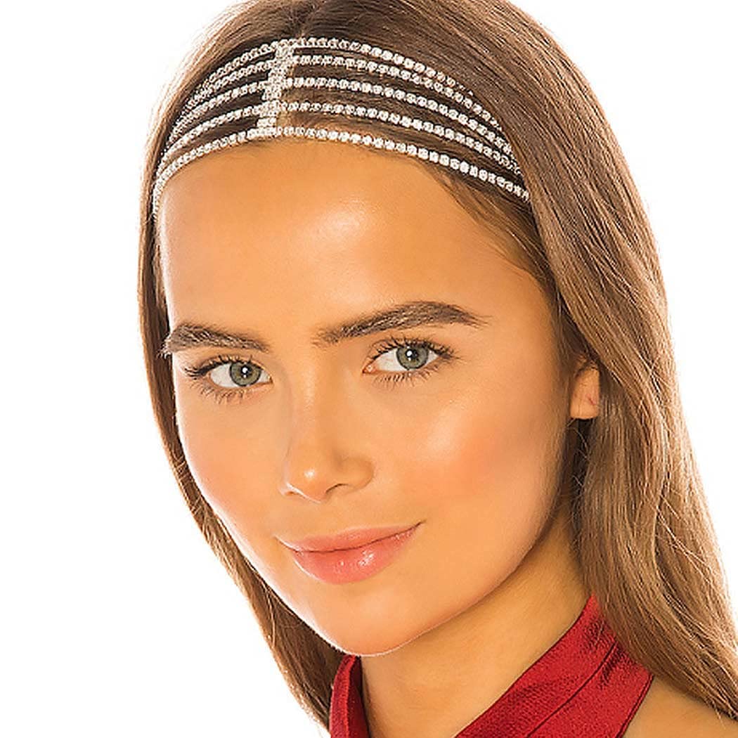 JEAIRTS Rhinestone Head Chain Forehead Bridal Headband Elastic Crystal Hair Band Halloween Prom Hair Jewelry for Women and Girls (2-Gold)