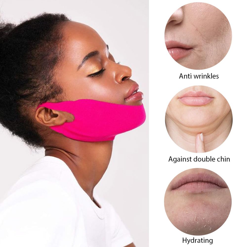 Kaely 8Pcs V Line Lifting Mask,Double Chin Mask,Chin Strap for Double Chin for Women,Face Lift Mask with Collagen,Hydrating Anti-aging,Red-Small Size