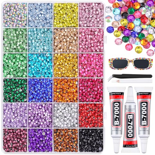 32000Pcs Resin Red Rhinestones with B7000 Jewelry Glue for Crafting, 2-6mm Non Hotfix Flatback Gems, Bedazzling Crystal for DIY Crafts Clothing Tumblers Mugs Shoes Fabric Decor Nail Art