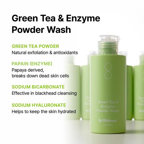 BY WISHTREND Green Tea & Enzyme Powder Wash, Gentle Face Wash for Sensitive Skin, Removes Impurities, Facial Cleanser for Dry Skin, Korean Skincare, Fragrance Free, 110g / 3.88 Oz