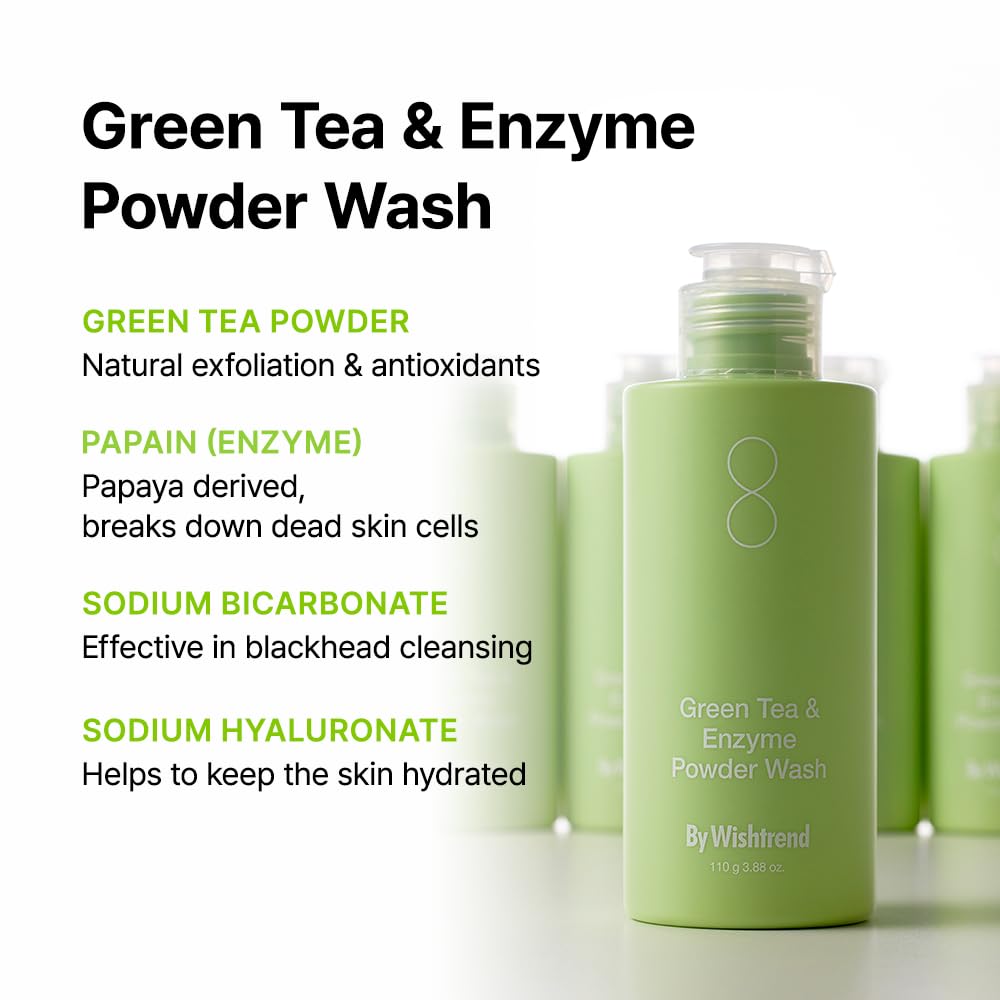 WISHTREND Green Tea & Enzyme Powder Wash - Gentle Facial Cleanser for Sensitive Skin, 110g