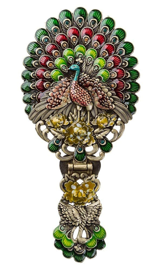 Nerien Vintage Hand Mirror, Vanity Makeup Mirror, Travel Foldable Peacock Antique Handheld Mirror, Portable Adjustable Embossed Handle Mirror, Decorative Oval Metal Beauty Cosmetic Mirror, Bronze-1