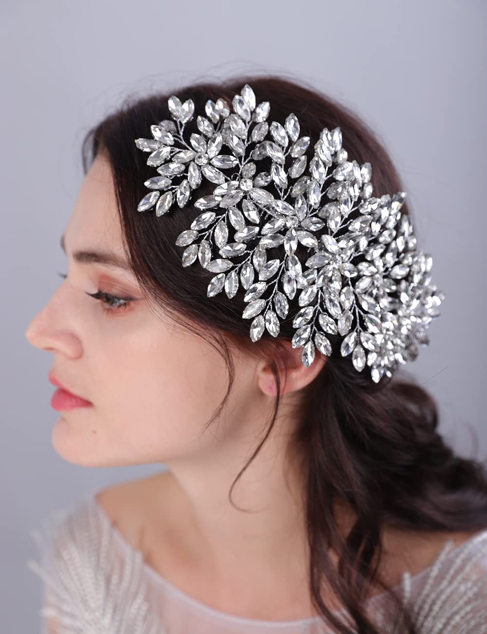 Teyglen Large Full Rhinestones Flower Bride Wedding Hair Comb Headband Luxurious Hair Accessories Dainty Blue Crystals Bridal Side Hair Combs for Women Bride Girls (Blue)